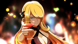 Rule 34 | 1girl, alcohol, blonde hair, blurry, breasts, cleavage, cocktail dress, creatures (company), cup, cynthia (pokemon), depth of field, derivative work, dress, drinking glass, foreshortening, game freak, grey eyes, hair ornament, hair over one eye, highres, long hair, looking at viewer, md5 mismatch, nintendo, pokemon, pokemon dppt, smile, solo, sparkle, the great gatsby, toasting (gesture), vivivoovoo, wine, wine glass