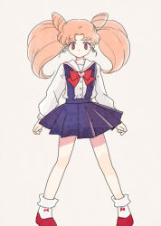 Rule 34 | 1girl, bishoujo senshi sailor moon, bow, bow legwear, bowtie, chibi usa, closed mouth, cone hair bun, dot mouth, hair bun, long sleeves, pink hair, pleated skirt, red bow, red bowtie, red footwear, shirt, shoes, simple background, skirt, socks, solo, suspender skirt, suspenders, tamago (bolo), twintails, white background, white shirt, white socks