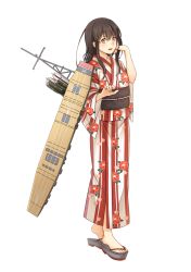 Rule 34 | 1girl, akagi (kancolle), alternate costume, archery, arrow (projectile), asakawa shinka, bad id, bad pixiv id, brown eyes, brown hair, commentary request, full body, geta, highres, japanese clothes, kantai collection, kimono, kyuudou, long hair, machinery, mast, sandals, solo, straight hair, transparent background