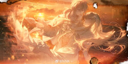 Rule 34 | 1boy, 1girl, absurdres, blonde hair, commentary, dancing, dress, english commentary, formal, hair ornament, hetero, highres, jewelry, light particles, long hair, long sleeves, looking at another, orange sky, orange theme, original, red eyes, sky, sparkle, suit, sunset, watermark, weibo 1765307475, weibo logo, weibo username, white dress, white suit