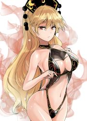 Rule 34 | 1girl, aura, bad id, bad pixiv id, bare arms, bare shoulders, black one-piece swimsuit, blonde hair, breasts, commentary request, cowboy shot, groin, hair between eyes, headdress, highres, junko (touhou), large breasts, long hair, looking at viewer, navel, one-piece swimsuit, parted lips, red eyes, revision, simple background, solo, stomach, swimsuit, touhou, very long hair, white background, y2
