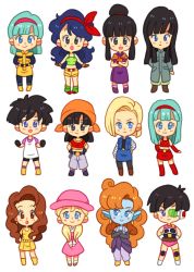 Rule 34 | 1990s (style), 6+girls, :o, android 18, bandana, black eyes, black hair, blue eyes, blue hair, blue skin, blunt bangs, boots, bra (dragon ball), brown eyes, brown hair, bulma, character request, chi-chi (dragon ball), chibi, coat, colored skin, crossed arms, curly hair, dragon ball, dragon ball gt, dragonball z, dress, earrings, full body, gloves, hair bun, hairband, hands on own hips, hat, jewelry, knee boots, long hair, looking at viewer, lunch (dragon ball), lunch (good) (dragon ball), mai (dragon ball), marron (dragon ball), midriff, multiple girls, mushroomcatnumberplate, open mouth, orange hair, palace (dragon ball), pan (dragon ball), pantyhose, pigeon-toed, pointy ears, retro artstyle, scouter, seripa, short hair, shorts, sidelocks, simple background, single hair bun, skirt, standing, tail, tank top, twintails, very long hair, vest, videl, wavy hair, white background, zangya