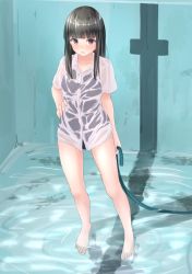 Rule 34 | 1girl, bad id, bad pixiv id, barefoot, black hair, blunt bangs, brown eyes, cleaning, commentary, empty pool, hand on own hip, highres, hose, long hair, minagiku, one-piece swimsuit, open mouth, original, pool, school swimsuit, see-through, solo, swimsuit, swimsuit under clothes, wet, wet clothes