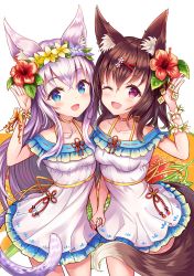 Rule 34 | 2girls, :d, ;d, absurdres, animal ear fluff, animal ears, blue eyes, blush, breasts, brown hair, cat ears, cat girl, cat tail, choker, collarbone, cowboy shot, dress, flower, fox ears, fox girl, fox tail, hair flower, hair ornament, hairclip, hand up, head wreath, heart, heart in eye, hibiscus, highres, holding hands, long hair, looking at viewer, medium breasts, multiple girls, one eye closed, open mouth, original, purple flower, red eyes, red flower, sakura ani, side-by-side, silver hair, small breasts, smile, symbol in eye, tail, very long hair, white dress, x hair ornament, yellow flower