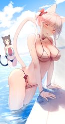 Rule 34 | 2girls, :&lt;, absurdres, animal ears, arched back, ball, bare arms, bare shoulders, beachball, bikini, black bikini, breasts, brown hair, cat ears, cat girl, choker, cleavage, covered erect nipples, extra ears, front-tie bikini top, front-tie top, futoshi ame, hair ornament, halterneck, halterneck, highres, large breasts, long hair, looking at viewer, multi-strapped bikini, multiple girls, original, red choker, red eyes, side-tie bikini bottom, sidelocks, smile, stomach, strap gap, string bikini, swimsuit, thighs, tongue, tongue out, twintails, v-shaped eyebrows, wading, water, wet, white bikini, white hair
