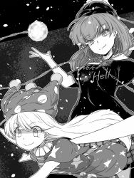 Rule 34 | 2girls, american flag dress, bob cut, chain, closed mouth, clothes writing, clownpiece, commentary request, english text, fairy wings, full moon, greyscale, hat, hecatia lapislazuli, highres, jester cap, leaning forward, long hair, looking to the side, medium hair, miniskirt, monochrome, moon, multiple girls, off-shoulder shirt, off shoulder, plaid, plaid skirt, pleated skirt, polka dot, shirt, short sleeves, skirt, smile, space, star (symbol), striped, sunatoshi, t-shirt, touhou, wings