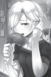 Rule 34 | 1girl, adjusting hair, ayakura juu, eating, food, greyscale, hair over one eye, holding, holding food, indoors, long hair, long sleeves, looking at viewer, monochrome, novel illustration, official art, shirt, sitting, solo, spice and wolf