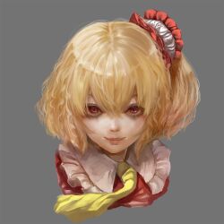 Rule 34 | 1girl, ascot, axe r18, blonde hair, cropped shoulders, eyebrows hidden by hair, flandre scarlet, frilled shirt collar, frills, grey background, hair between eyes, highres, lips, one side up, portrait, realistic, red eyes, short hair, simple background, slit pupils, smile, solo, touhou, yellow ascot