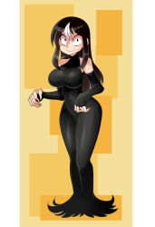 Rule 34 | 1girl, absurdres, bare shoulders, black dress, black hair, borrowed character, breasts, closed mouth, covered navel, dress, elbow gloves, fingerless gloves, full body, gloves, highres, impossible clothes, impossible dress, long dress, long hair, lucyfer, medium breasts, multicolored hair, noss (rariatto), original, sanpaku, sidelocks, skin tight, sleeveless, sleeveless dress, smile, solo, streaked hair, wavy mouth, white hair