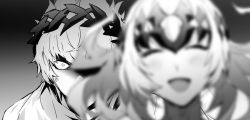 Rule 34 | 1boy, 1girl, anger vein, angry, blurry foreground, castor (fate), fate/grand order, fate (series), greyscale, monochrome, no-kan, pollux (fate), shaded face, siblings, smile, twins, wreath