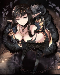 Rule 34 | 1girl, bare shoulders, black dress, black footwear, black hair, black theme, black thighhighs, boots, breasts, cleavage, closed mouth, collarbone, commentary request, detached collar, dress, fate/apocrypha, fate/grand order, fate (series), fur trim, hair ornament, highres, kyuu (plastic night q), leaning forward, long hair, looking at viewer, medium breasts, pink eyes, pointy ears, semiramis (fate), solo, thigh boots, thighhighs, very long hair