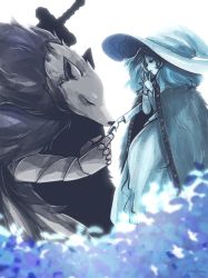 Rule 34 | 1boy, 1girl, blaidd the half-wolf, blue hair, blue skin, cloak, closed eyes, closed mouth, colored skin, dazey, dress, elden ring, extra arms, field, flower, flower field, from side, fur cloak, hat, hetero, highres, joints, kiss, kissing hand, long dress, long hair, own hands together, ranni the witch, signature, simple background, sitting, smile, steepled fingers, sword, weapon, weapon on back, white background, witch hat