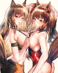 Rule 34 | 2girls, :o, :p, angelina (arknights), angelina (summer flower) (arknights), animal ear fluff, animal ears, apraxia, arknights, arm strap, arm up, ass, bad id, bad pixiv id, bare arms, bare shoulders, blonde hair, blush, breast press, breasts, brown hair, casual one-piece swimsuit, ceobe (arknights), collarbone, fang, fox ears, fox girl, fox tail, from side, hair ribbon, hand in own hair, highres, infection monitor (arknights), large breasts, long hair, looking at viewer, looking to the side, multiple girls, official alternate costume, one-piece swimsuit, parted lips, red eyes, red ribbon, red one-piece swimsuit, ribbon, sideboob, simple background, smile, swimsuit, symmetrical docking, tail, tongue, tongue out, twintails, v, white background