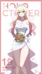 Rule 34 | 1girl, absurdres, blonde hair, bouquet, breasts, cleavage, cleavage cutout, clothing cutout, daydarion, dress, elbow gloves, flower, gloves, green eyes, highres, holding, holding bouquet, hololive, large breasts, long hair, long neck, looking at viewer, momosuzu nene, see-through, see-through veil, smile, veil, virtual youtuber, wedding dress, white dress, white gloves, white veil