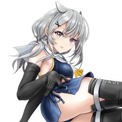 Rule 34 | 1girl, black gloves, black thighhighs, blue skirt, crop top, elbow gloves, gloves, grey eyes, grey hair, hair between eyes, i-201 (kancolle), kantai collection, long hair, neckerchief, parted lips, sailor collar, simple background, skirt, solo, thighhighs, tk8d32, white background, white neckerchief, white sailor collar