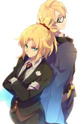 Rule 34 | 1boy, 1girl, alternate costume, back-to-back, black neckwear, blonde hair, braid, commentary request, crossed arms, echo (circa), fate/apocrypha, fate/grand order, fate/prototype, fate/prototype: fragments of blue and silver, fate (series), flower, formal, french braid, glasses, gloves, green eyes, hair between eyes, hair ornament, heroic spirit formal dress, jacket, jacket on shoulders, jekyll and hyde (fate), looking at another, looking at viewer, mordred (fate), mordred (fate/apocrypha), mordred (formal dress) (fate), necktie, ponytail, shirt, short hair, simple background, smile, suit, white background, white flower, white gloves, white shirt