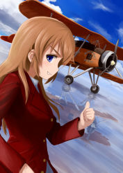 Rule 34 | 1girl, aircraft, airplane, bad id, bad pixiv id, biplane, blue eyes, brown hair, buttons, catocala, charlotte e. yeager, fairey swordfish, grin, long hair, smile, solo, strike witches, thumbs up, tire, world witches series