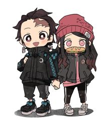 Rule 34 | :d, alternate costume, arm at side, backpack, bad id, bad pixiv id, bag, beanie, black footwear, black hair, black jacket, black pants, brown eyes, checkered clothes, checkered jacket, chibi, contemporary, crescent, dododov2, earrings, full body, gradient hair, hair slicked back, hat, holding hands, holding strap, jacket, jewelry, kamado nezuko, kamado tanjirou, kimetsu no yaiba, long hair, long sleeves, looking at viewer, mouth hold, multicolored hair, open mouth, pants, pink eyes, red headwear, sandwich, scar, scar on face, scar on forehead, shoes, side-by-side, simple background, smile, standing, submarine sandwich, track pants, white background, white footwear