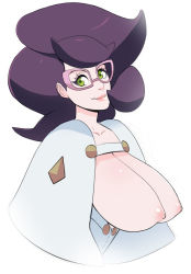 Rule 34 | 10s, 1girl, big hair, breasts, cleavage, creatures (company), game freak, glasses, green eyes, greenmarine, highres, large breasts, lips, long hair, looking at viewer, nintendo, nipples, pokemon, pokemon sm, purple hair, simple background, solo, white background, wicke (pokemon)