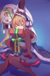 Rule 34 | 2girls, absurdres, artoria pendragon (all), artoria pendragon (fate), bad id, bad pixiv id, biting, black legwear, blonde hair, box, christmas, covering own mouth, elbow gloves, embarrassed, fate/grand order, fate (series), fur trim, gift, gift box, gloves, hair ribbon, head biting, headpiece, highres, jeanne d&#039;arc (fate), jeanne d&#039;arc (ruler) (fate), jeanne d&#039;arc alter (fate), jeanne d&#039;arc alter santa lily (fate), long hair, looking at viewer, mask, multiple girls, pom pom (clothes), red cucumber, ribbon, saber (fate), saber alter, santa alter, sitting, sitting on shoulder, skirt, thighhighs, yellow eyes
