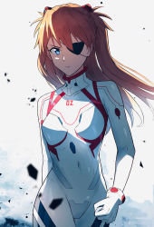 Rule 34 | 1girl, blue eyes, bodysuit, breasts, covered navel, evangelion: 3.0+1.0 thrice upon a time, eyepatch, floating hair, highres, long hair, looking at viewer, looking to the side, neon genesis evangelion, orange hair, plugsuit, rebuild of evangelion, serious, shiny clothes, shiny skin, simple background, smile, solo, souryuu asuka langley, twintails, two side up, walking, white bodysuit, wind, yakisobaosu