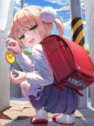 Rule 34 | 1girl, :d, backpack, bag, blue skirt, blush, commentary, crime prevention buzzer, day, from behind, full body, green eyes, hair ornament, highres, indie virtual youtuber, kneehighs, light brown hair, long sleeves, looking at viewer, looking back, miniskirt, open mouth, outdoors, pleated skirt, pom pom (clothes), pom pom hair ornament, randoseru, red bag, shigure ui (vtuber), shigure ui (vtuber) (young), shirt, shoes, short hair, skirt, smile, socks, solo, squatting, superpig, twintails, virtual youtuber, white shirt, white socks