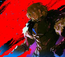 Rule 34 | 1boy, armor, blonde hair, blue eyes, breastplate, dated, dimitri alexandre blaiddyd, eyepatch, fire emblem, fire emblem: three houses, fur trim, gauntlets, haun, looking away, male focus, medium hair, nintendo, one eye covered, purple background, red background, smile, solo, sweat, two-tone background, upper body