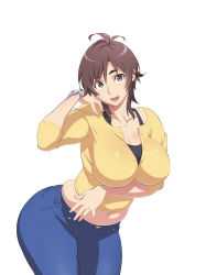 Rule 34 | 1girl, :d, amaha masane, antenna hair, belly, bracelet, breast hold, breasts, brown eyes, brown hair, cleavage, cowboy shot, denim, hand on own shoulder, highres, impossible clothes, jeans, jewelry, large breasts, looking at viewer, mature female, medium hair, midriff, muffin top, navel, official art, open mouth, pants, plump, short hair, smile, solo, taut clothes, thick eyebrows, third-party edit, uno makoto, white background, witchblade