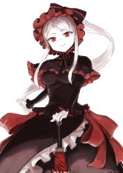 Rule 34 | 1girl, cowboy shot, dress, fang, fang out, frilled dress, frills, gothic lolita, highres, lolita fashion, long hair, looking at viewer, nosuku, overlord (maruyama), pale skin, red eyes, shalltear bloodfallen, silver hair, simple background, smile, solo, standing, umbrella, white background