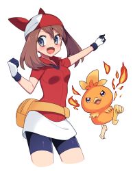 Rule 34 | 1girl, :d, bandana, bike shorts, blue eyes, blue shorts, blush, brown hair, creatures (company), cropped legs, fire, game freak, gen 3 pokemon, gloves, hair between eyes, highres, holding, holding poke ball, jacket, long hair, looking to the side, may (pokemon), miniskirt, nintendo, open mouth, poke ball, pokemon, pokemon (creature), pokemon rse, red bandana, red jacket, shiny clothes, short shorts, short sleeves, shorts, shorts under skirt, simple background, skirt, smile, solo, standing, torchic, twintails, white background, white skirt, yuihico