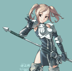 Rule 34 | 1girl, 2013, armor, belt, boots, breastplate, brown eyes, brown hair, cynthia (fire emblem), dated, fire emblem, fire emblem awakening, junkpuyo, knight, nintendo, polearm, short hair, simple background, smile, solo, spear, thigh boots, thighhighs, twintails, v, weapon