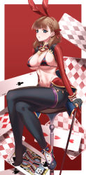 Rule 34 | 1girl, absurdres, ace (playing card), ace of clubs, animal ears, bikini, bikini top only, black gloves, black pantyhose, border, bow, bowtie, breasts, brown hair, cane, card, card background, club (shape), crossed legs, fake animal ears, floating card, gloves, green eyes, hair ribbon, hear (kpmf4732), highres, holding, holding cane, idolmaster, idolmaster cinderella girls, idolmaster cinderella girls starlight stage, king (playing card), king of spades, large breasts, medium hair, meme attire, navel, pantyhose, parted lips, playing card, rabbit ears, red background, red ribbon, reverse bunnysuit, reverse outfit, ribbon, sakuma mayu, shoes, shrug (clothing), single shoe, sitting, solo, stomach, stool, swimsuit, tattoo, three of hearts, white border