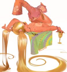 Rule 34 | 1girl, absurdres, blonde hair, bracelet, breasts, closed eyes, commentary, cup, earrings, english commentary, glasses, highres, holding, holding cup, jewelry, long hair, lying, medium breasts, on back, panties, pants, philtomato, pubic hair, signature, simple background, solo, tan, tanline, twintails, underwear, very long hair, white background