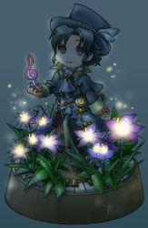 Rule 34 | 1boy, bad id, bad pixiv id, blue eyes, blue hair, chibi, flower, frederic chopin (trusty bell), fuju, hat, male focus, matching hair/eyes, musical note, nature, solo, top hat, trusty bell
