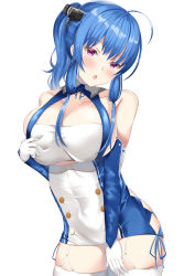 Rule 34 | 1girl, azur lane, bare shoulders, blue hair, blush, breasts, cleavage, collarbone, commentary request, dress, elbow gloves, garter straps, gloves, hair between eyes, hair ornament, hand on own chest, highres, impossible clothes, kanata (kanade pa), large breasts, long hair, looking at viewer, purple eyes, simple background, smile, solo, st. louis (azur lane), thighhighs, white background, white gloves, white thighhighs