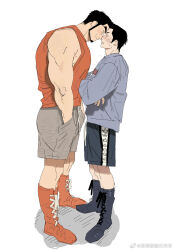 Rule 34 | 2boys, artist request, bara, beard, blush, boots, character request, crossed arms, eye contact, facial hair, from side, full body, grey shorts, height difference, highres, kaito masaharu, knee boots, large pectorals, long sideburns, looking at another, male focus, mature male, multiple boys, muscular, muscular male, nervous, noses touching, orange shirt, pectorals, ryuu ga gotoku (series), seductive smile, shirt, short hair, shorts, sideburns, sidepec, sleeveless, sleeveless shirt, smile, standing, thick eyebrows, yaoi
