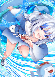 Rule 34 | 1girl, :d, bloop (gawr gura), blue eyes, blue hair, blue hoodie, blue socks, blurry, chiyami, collarbone, commentary request, eyebrows hidden by hair, fins, fish tail, gawr gura, gawr gura (1st costume), grey hair, hair ornament, holding, hololive, hololive english, hood, hood down, hoodie, long sleeves, multicolored hair, open mouth, outstretched arm, polearm, shark tail, sharp teeth, shoes, smile, socks, standing, standing on one leg, streaked hair, tail, teeth, trident, twitter username, two side up, virtual youtuber, water, weapon, white footwear, wide sleeves