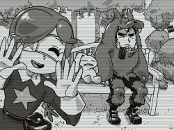 Rule 34 | animal costume, annie (skullgirls), bench, beowulf (skullgirls), braid, closed eyes, greyscale, hands up, juliet sleeves, long sleeves, mascot costume, minawa108, monochrome, open mouth, puffy sleeves, sagan (skullgirls), sitting, skullgirls, smile, tree, twin braids, wolf costume