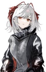 Rule 34 | 1girl, antennae, arknights, black jacket, black scarf, commentary, expressionless, gawako, grey hair, grey shirt, highres, horns, jacket, long sleeves, looking at viewer, medium hair, open clothes, open jacket, parted lips, red eyes, scarf, shirt, simple background, solo, upper body, w (arknights), white background