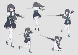 Rule 34 | 1girl, absurdres, black hair, black skirt, chinese clothes, commentary request, green footwear, grey background, highres, holding, holding sword, holding weapon, layered sleeves, long hair, long sleeves, multiple views, open mouth, original, pantyhose, puffy long sleeves, puffy sleeves, shoes, short over long sleeves, short sleeves, simple background, skirt, standing, standing on one leg, sword, very long hair, weapon, white pantyhose, white ph