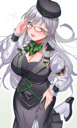 Rule 34 | absurdres, amahara subaru, ascot, beret, black footwear, breasts, buttons, cleavage, cowboy shot, double-breasted, dress, eyewear strap, from above, glasses, gradient background, green eyes, grey hair, hand on own hip, hand up, hat, highres, indie virtual youtuber, kawasaki sui, large breasts, long dress, long sleeves, looking at viewer, one eye closed, open mouth, plaid, red-framed eyewear, simple background, smile, sparkle, standing, standing on one leg, virtual youtuber