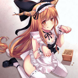 Rule 34 | 1girl, alternate costume, apron, armpit crease, arms up, beans, black footwear, black ribbon, black vest, blush, bow, breasts, cleavage, collarbone, commentary, commentary request, enmaided, gradient background, grey background, hair bow, hairband, highres, horns, ibuki suika, light smile, loafers, lolita hairband, long hair, low-tied long hair, maid, masu, neck ribbon, orange eyes, orange hair, paw pose, ribbon, ribbon-trimmed legwear, ribbon trim, setsubun, shoes, simple background, sitting, solo, symbol-only commentary, tears, thighhighs, torottye, touhou, very long hair, vest, waist apron, wariza, white thighhighs, wrist cuffs