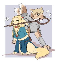 Rule 34 | anger vein, animal, animal focus, animalization, armor, artist name, blonde hair, blue capelet, blue robe, bracer, bright pupils, brown eyes, capelet, clothed animal, commentary request, dog, dungeon meshi, ears down, full body, green eyes, highres, laios touden, long hair, long sleeves, looking at viewer, marcille donato, mouth hold, no humans, open mouth, pauldrons, puff of air, purple background, robe, short hair, shoulder armor, simple background, sitting, spoken anger vein, staff, standing, tail, tail wagging, tsukune (budodesu), very short hair