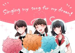 Rule 34 | 3girls, absurdres, ahoge, aida rikako, black bow, black bowtie, black hair, blazer, blue eyes, blush, bow, bowtie, brown eyes, closed eyes, collarbone, collared shirt, commentary, dress shirt, earpiece, half updo, highres, holding, holding pom poms, idol, idol clothes, inami anju, jacket, jewelry, kashikaze, long hair, long sleeves, looking at viewer, love live!, love live! sunshine!!, multiple girls, necklace, open mouth, outline, pink background, pom pom (cheerleading), pom poms, real life, saitou shuka, sakurauchi riko, shirt, short hair, short sleeves, takami chika, teeth, two-tone background, upper body, upper teeth only, voice actor, voice actor connection, watanabe you, white background, white jacket, white outline, white shirt