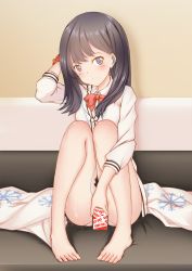 Rule 34 | 10s, 1girl, barefoot, black hair, black skirt, blue eyes, bow, bowtie, cardigan, caution tape, cellphone, commentary request, convenient censoring, earphones, feet, gridman universe, haruhi tamako, holding, holding phone, indoors, keep out, knees up, long hair, long sleeves, looking at viewer, orange scrunchie, phone, pleated skirt, red bow, school uniform, scrunchie, shirt, sitting, skirt, solo, ssss.gridman, takarada rikka, thighs, toes, uniform, white cardigan, white shirt, wrist scrunchie