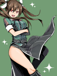 Rule 34 | + +, 10s, 1girl, black gloves, brown hair, crossed arms, elbow gloves, gloves, green background, hair ribbon, highres, ichifuji nitaka (phase nine), kantai collection, long hair, looking at viewer, open mouth, pelvic curtain, red eyes, ribbon, simple background, solo, tone (kancolle), tone kai ni (kancolle), twintails