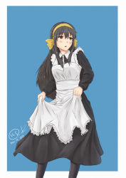 Rule 34 | 1boy, absurdres, apron, black hair, blush, brown eyes, character request, commentary, copyright request, crossdressing, dated, english commentary, hairband, highres, himmelstern, long hair, maid, maid apron, male focus, original, pantyhose, signature, simple background, skirt hold, solo, trap