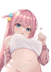 Rule 34 | 1girl, absurdres, blue eyes, bocchi the rock!, breasts, crop top, cube hair ornament, from below, frown, gotoh hitori, groin, hair ornament, highres, holding, jacket, large breasts, long hair, long sleeves, looking at viewer, mayo z, mimikaki, navel, off shoulder, one side up, open mouth, pink hair, pink jacket, shirt, simple background, solo, stomach, track jacket, white background, white shirt