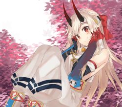 Rule 34 | 1girl, bare shoulders, blonde hair, blush, closed mouth, elbow gloves, fate/grand order, fate (series), feet out of frame, gloves, hair ribbon, highres, horns, isabelle bosworth, puffy pants, red eyes, red ribbon, ribbon, slit pupils, smile, solo, tomoe gozen (fate)