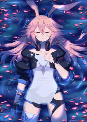 Rule 34 | 1girl, animal ears, black gloves, black jacket, closed eyes, closed mouth, fox ears, from above, gloves, hair between eyes, headphones, headphones around neck, highres, honkai (series), honkai impact 3rd, jacket, liquid, petals, petals on liquid, pink hair, purple eyes, qian yi, see-through, see-through shirt, single glove, single thighhigh, sleeves past elbows, smile, solo, thighhighs, wet, wet clothes, wet hair, white thighhighs, yae sakura, yae sakura (goushinnso memento)
